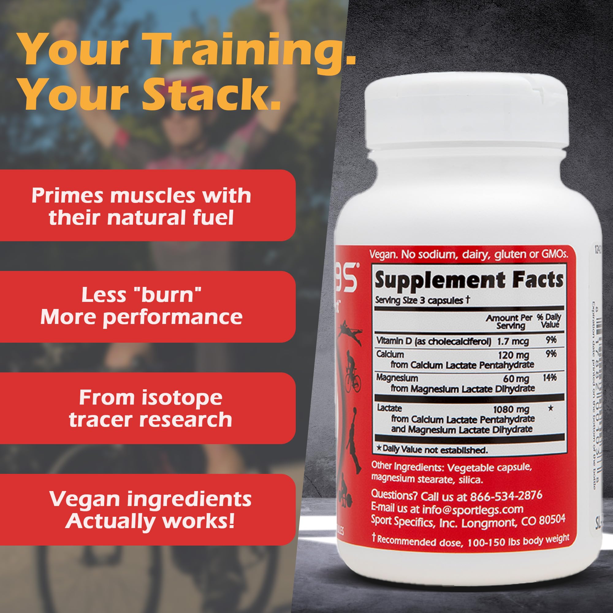 etiqueta SPORTLEGS con lista de ingredientes visibles, transparencia y calidad