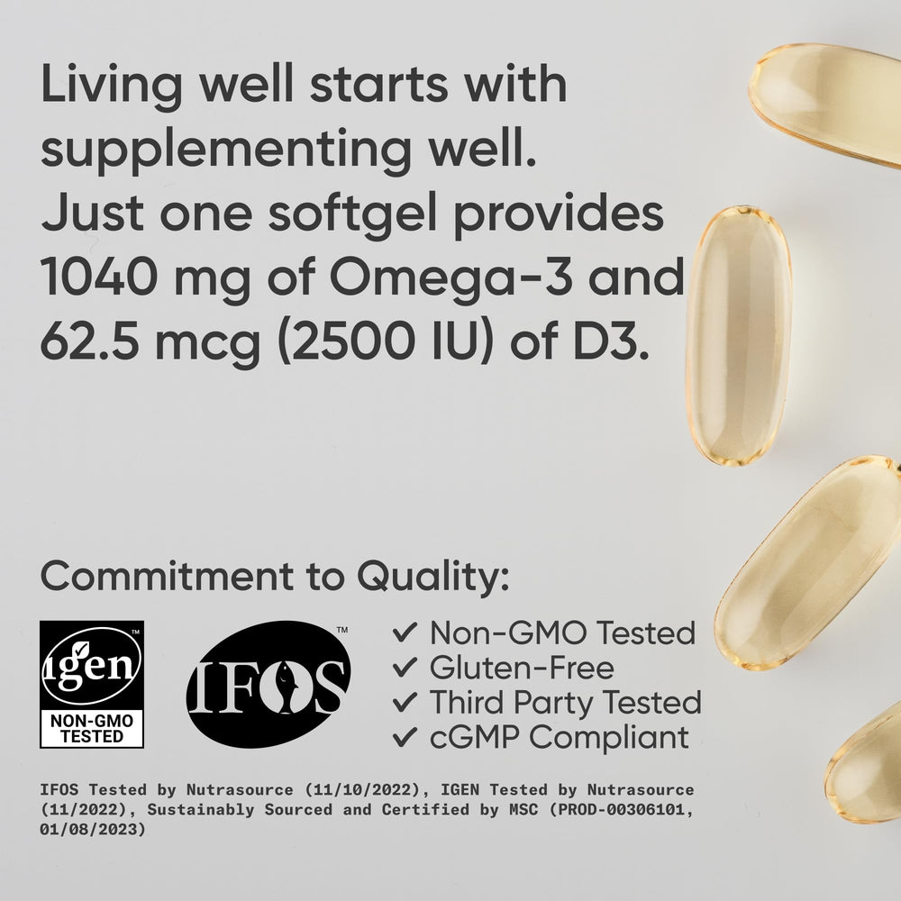 Sports Research gota de aceite de pescado resaltando pureza y perfil de omega-3