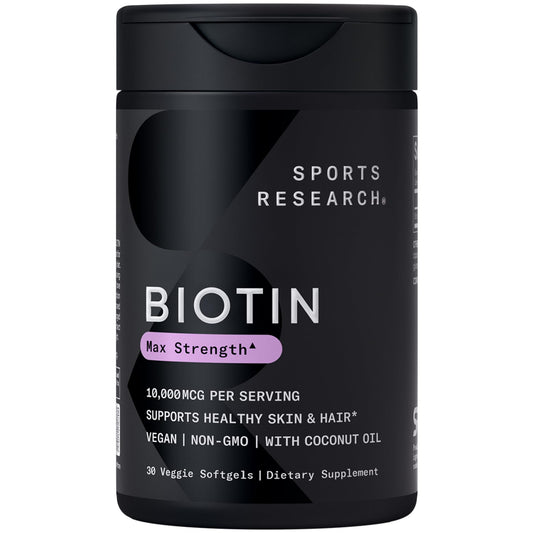 Sports Research envase frontal mostrando Biotin 10.000 mcg y beneficio de potencia concentrada