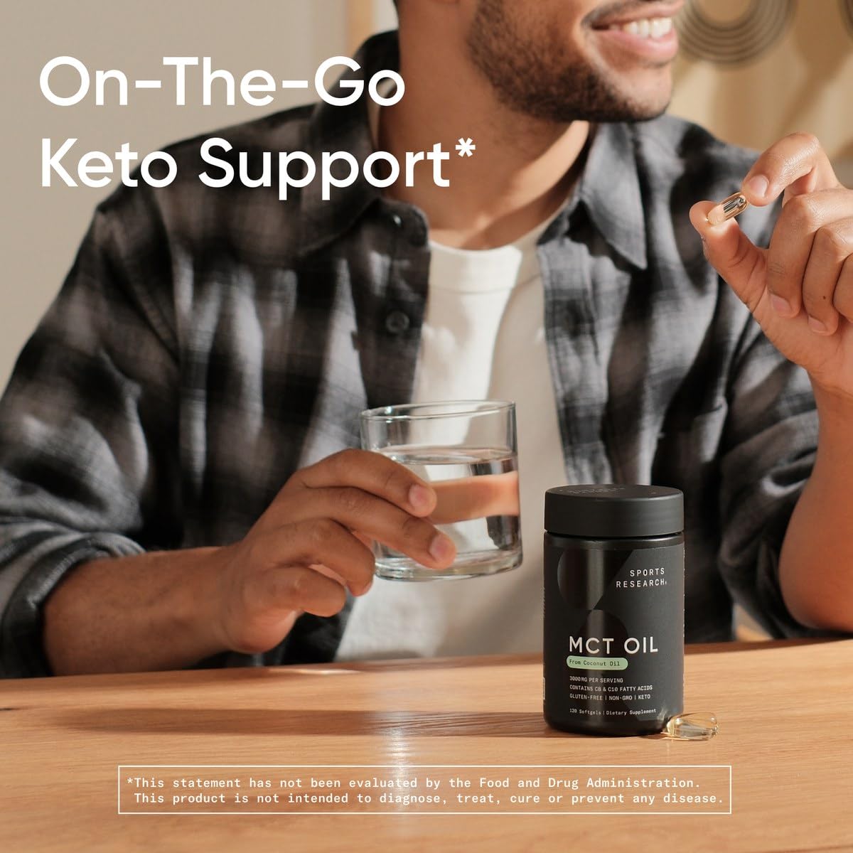 Etiqueta de producto Sports Research con sellos de keto, non-GMO y libre de gluten para confianza