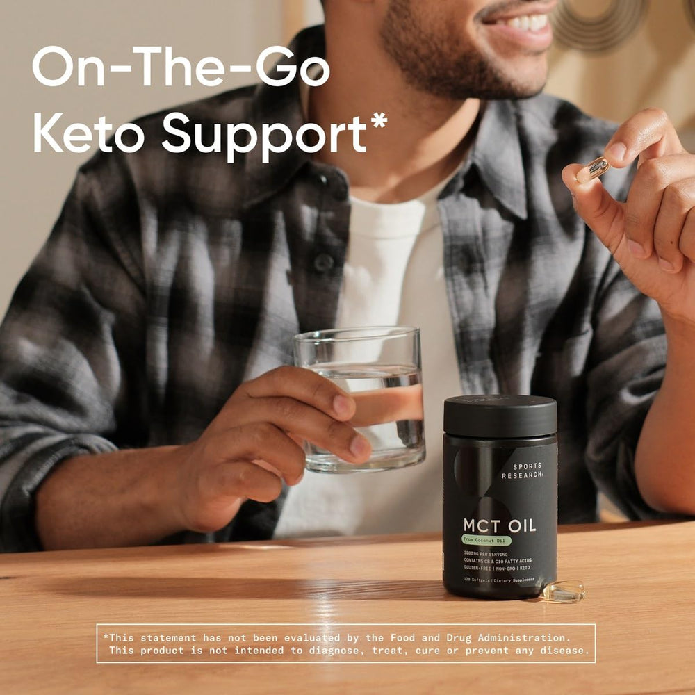 Etiqueta de producto Sports Research con sellos de keto, non-GMO y libre de gluten para confianza