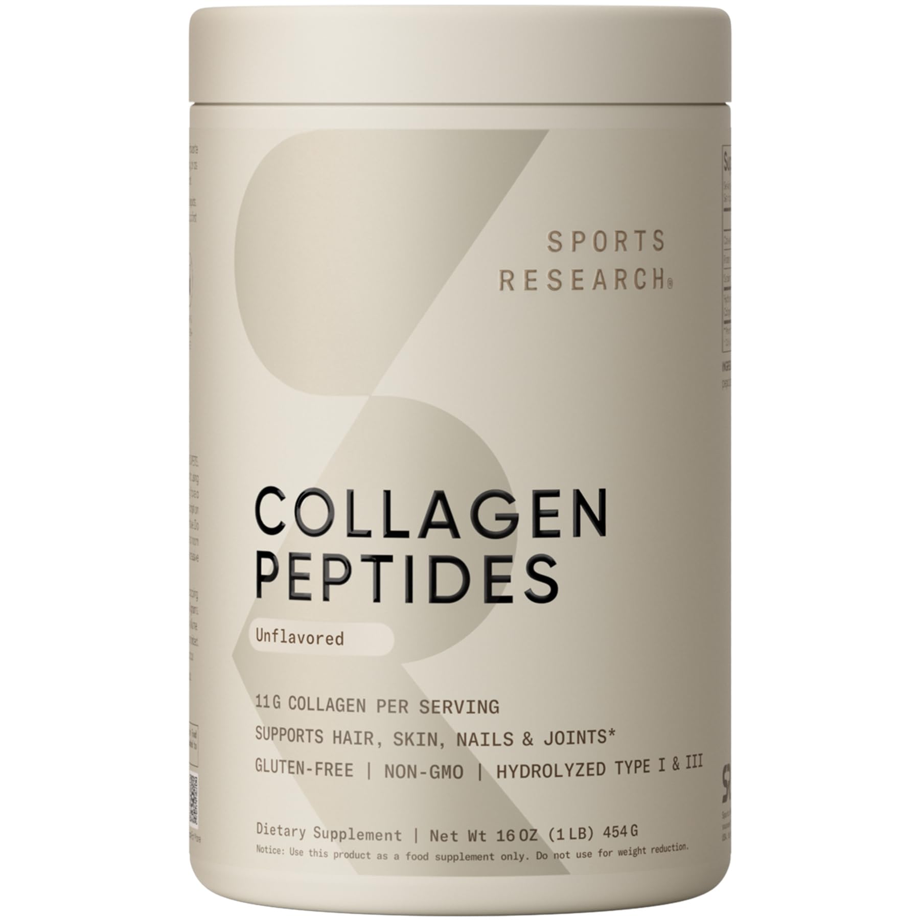 Sports Research envase frontal mostrando 16 oz y sin sabor, fácil identificación