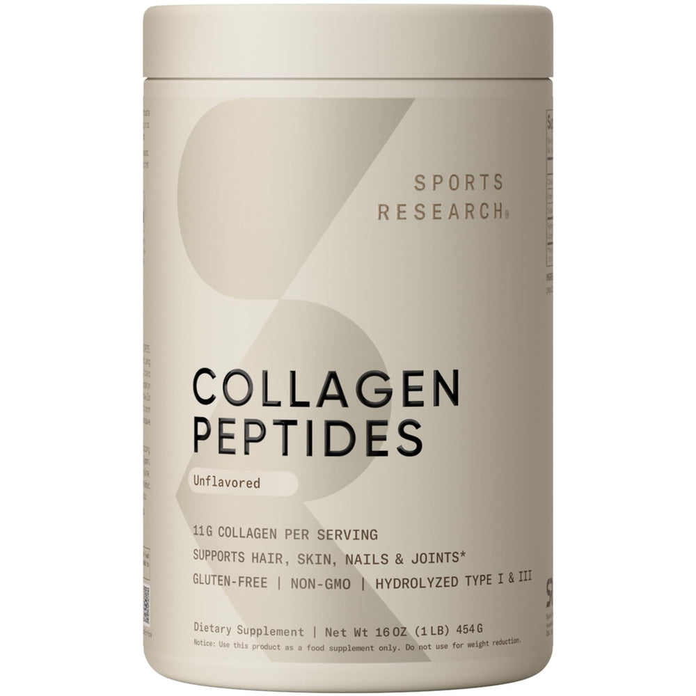 Sports Research envase frontal mostrando 16 oz y sin sabor, fácil identificación