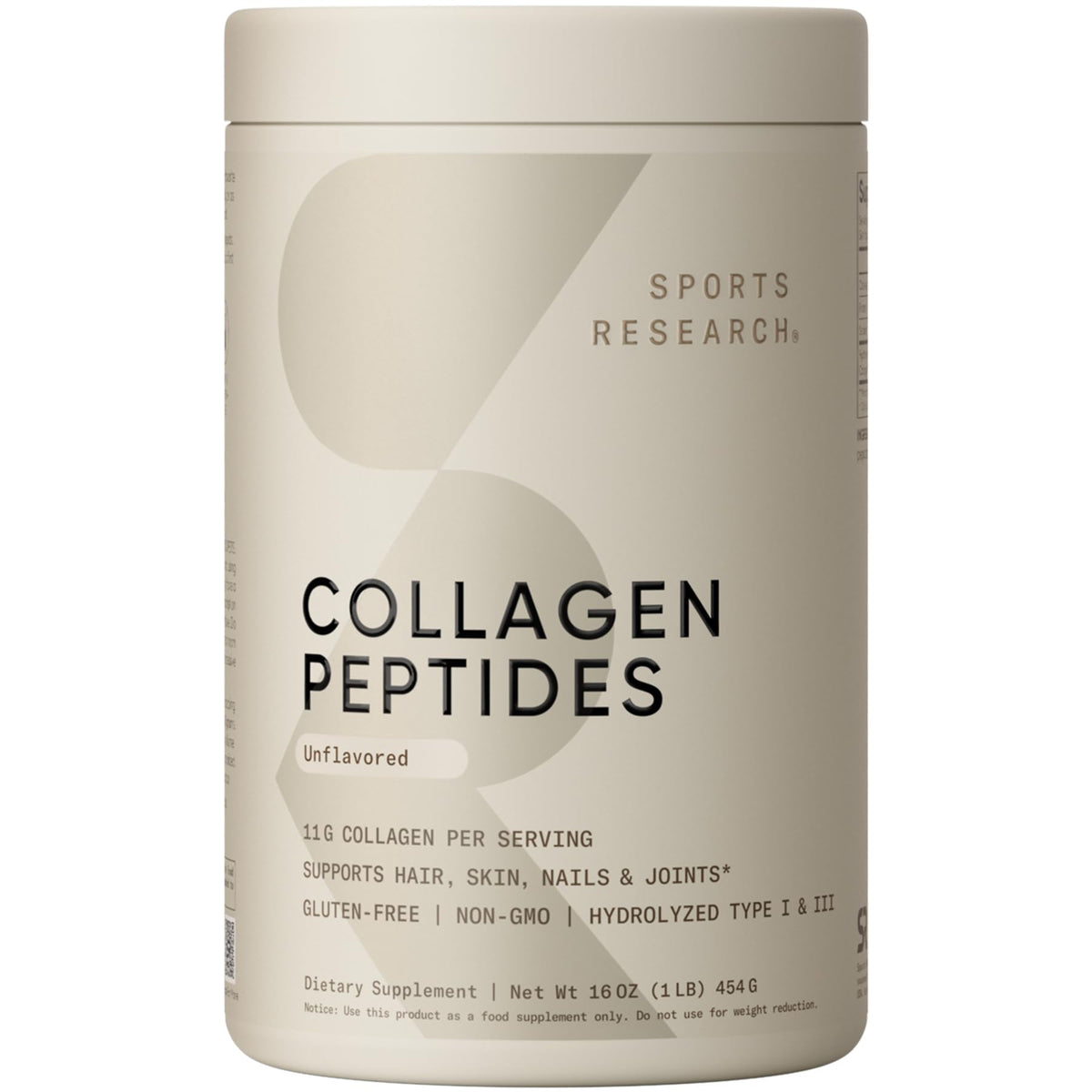 Sports Research envase frontal mostrando 16 oz y sin sabor, fácil identificación
