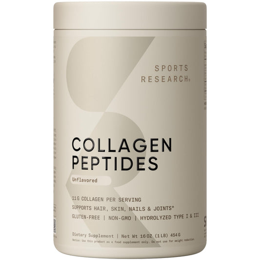 Sports Research envase frontal mostrando 16 oz y sin sabor, fácil identificación