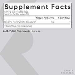 Primer plano de la etiqueta Sports Research Creapure, información de pureza y pruebas