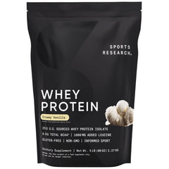 Sports Research frente del empaque mostrando el tamaño de 5 lb y beneficio de proteína