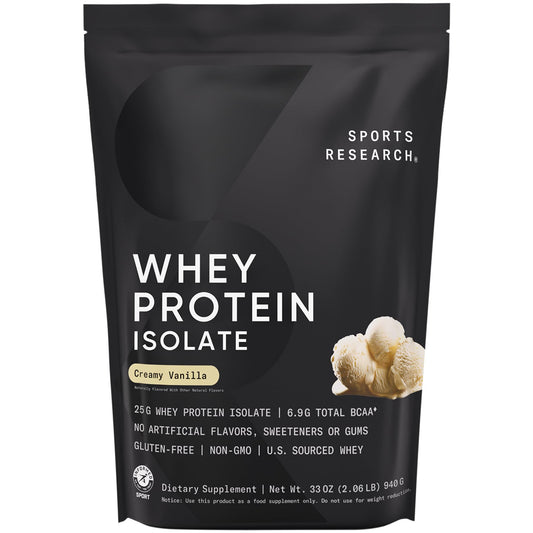 Sports Research paquete frontal crema vainilla mostrando diseño y peso