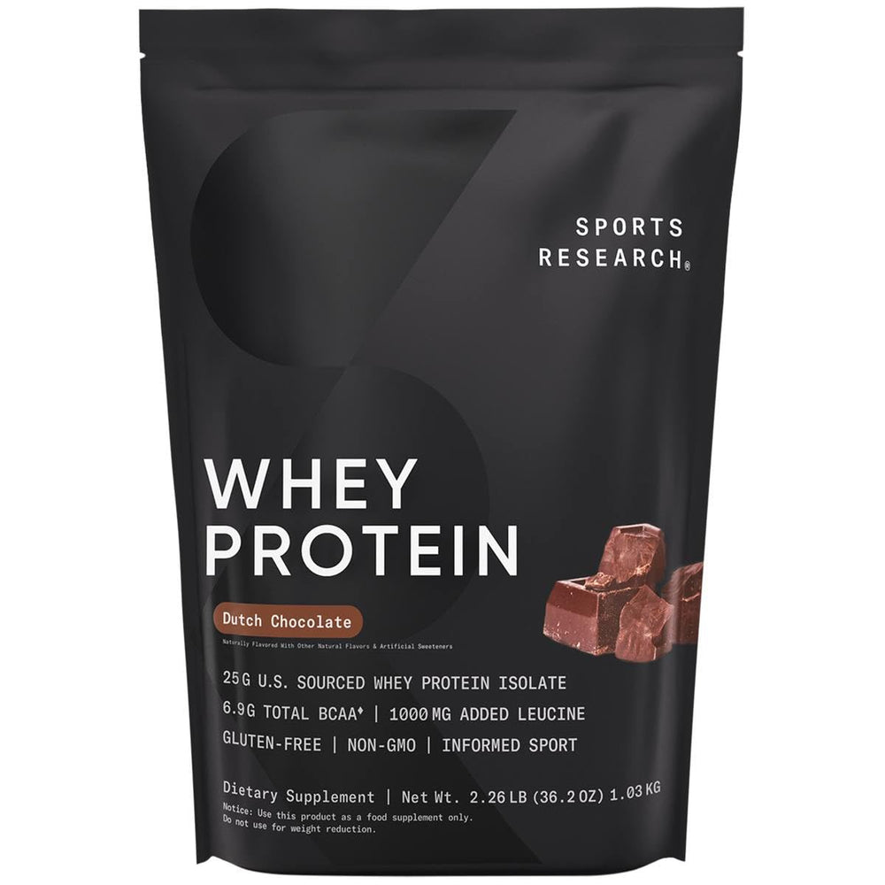 Sports Research envase frontal Dutch Chocolate que muestra cantidad y marca, útil para identificación
