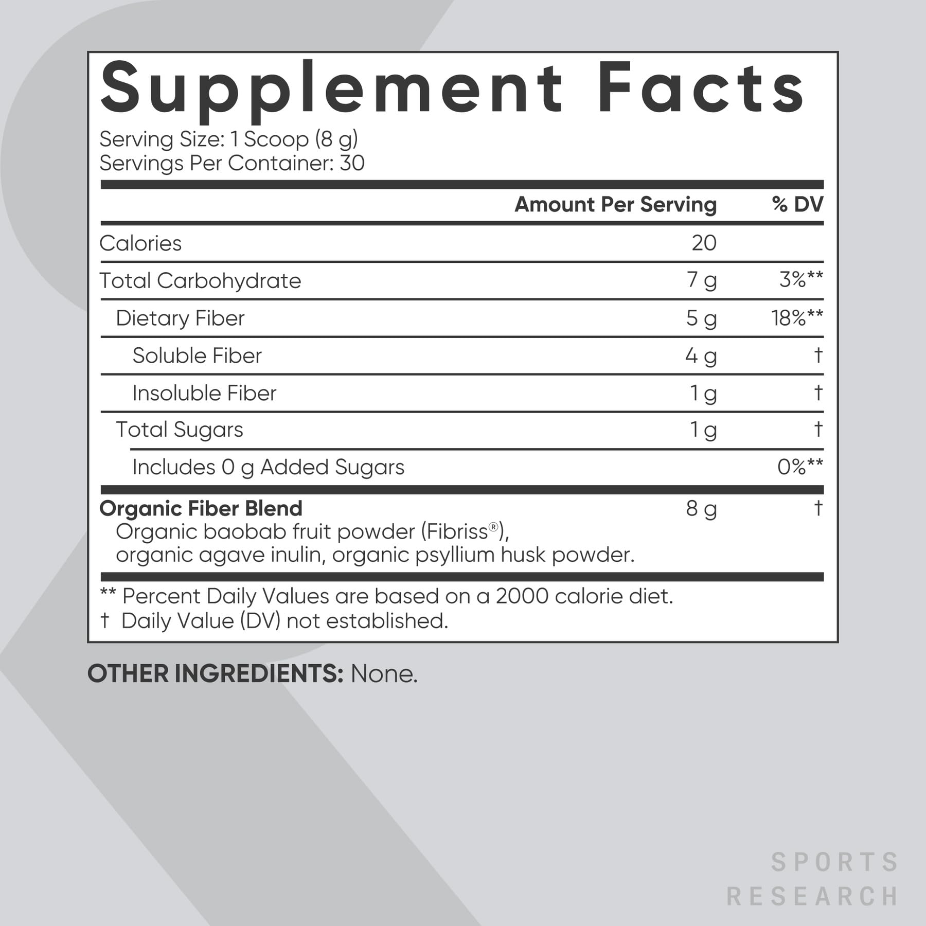 Sports Research etiqueta trasera con lista de ingredientes orgánicos y certificados