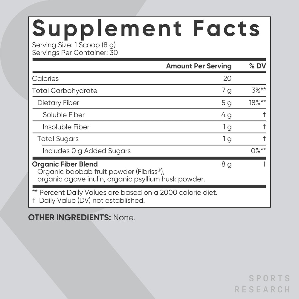 Sports Research etiqueta trasera con lista de ingredientes orgánicos y certificados