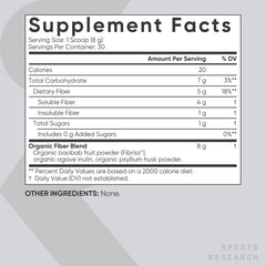 Sports Research etiqueta trasera con lista de ingredientes orgánicos y certificados