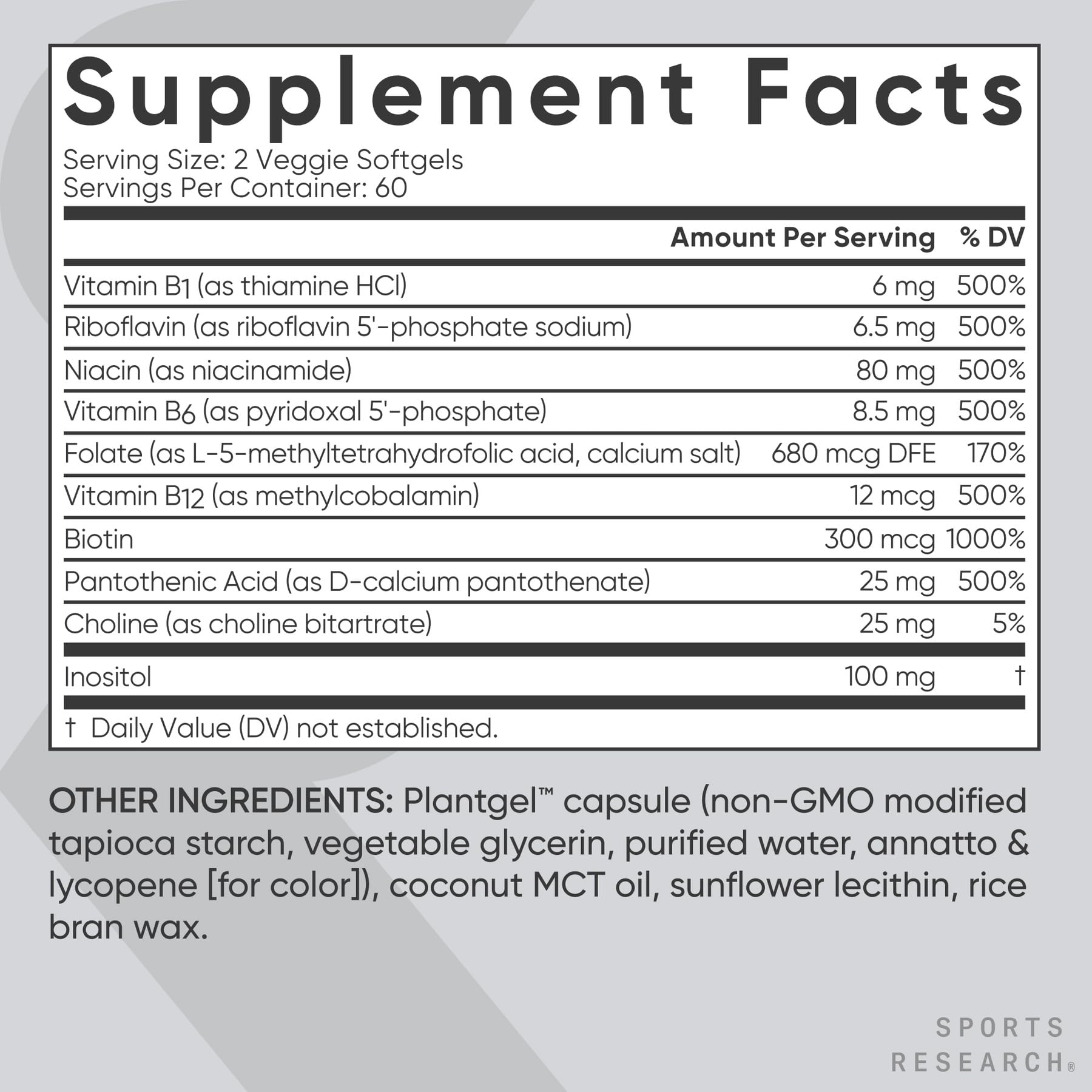Sports Research etiqueta con ingredientes y formas de vitaminas B visibles