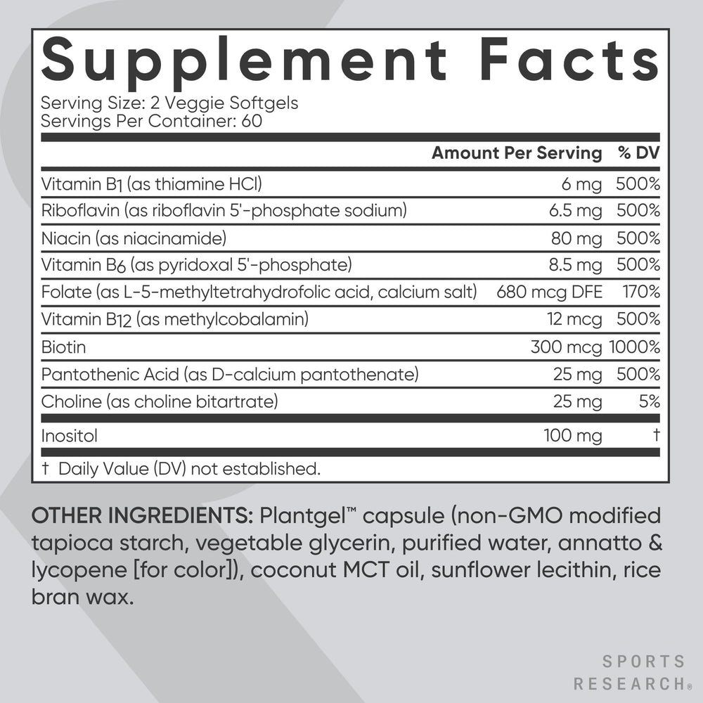 Sports Research etiqueta con ingredientes y formas de vitaminas B visibles