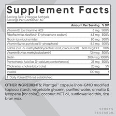 Sports Research etiqueta con ingredientes y formas de vitaminas B visibles