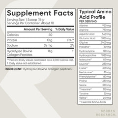 Sports Research etiqueta nutricional mostrando gramos de proteína y péptidos