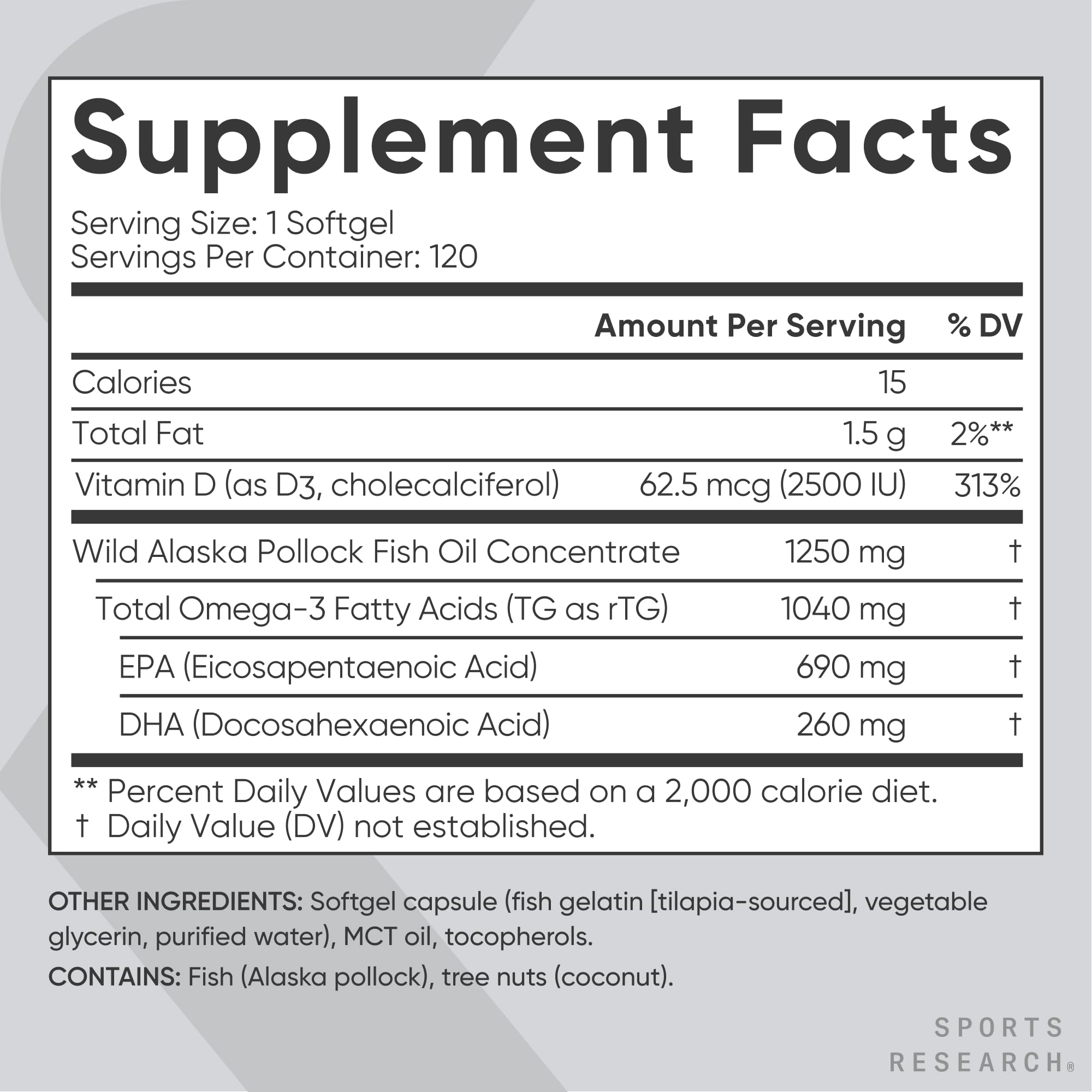 Sports Research etiqueta nutricional enfocada en EPA DHA y vitamina D3 para transparencia