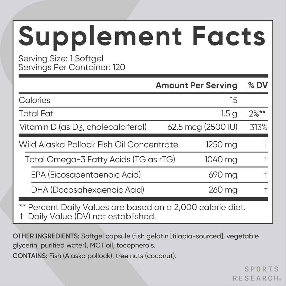 Sports Research etiqueta nutricional enfocada en EPA DHA y vitamina D3 para transparencia