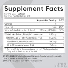Sports Research etiqueta nutricional enfocada en EPA DHA y vitamina D3 para transparencia