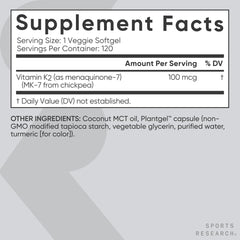Sports Research etiqueta nutricional con información de MK-7 y dosis