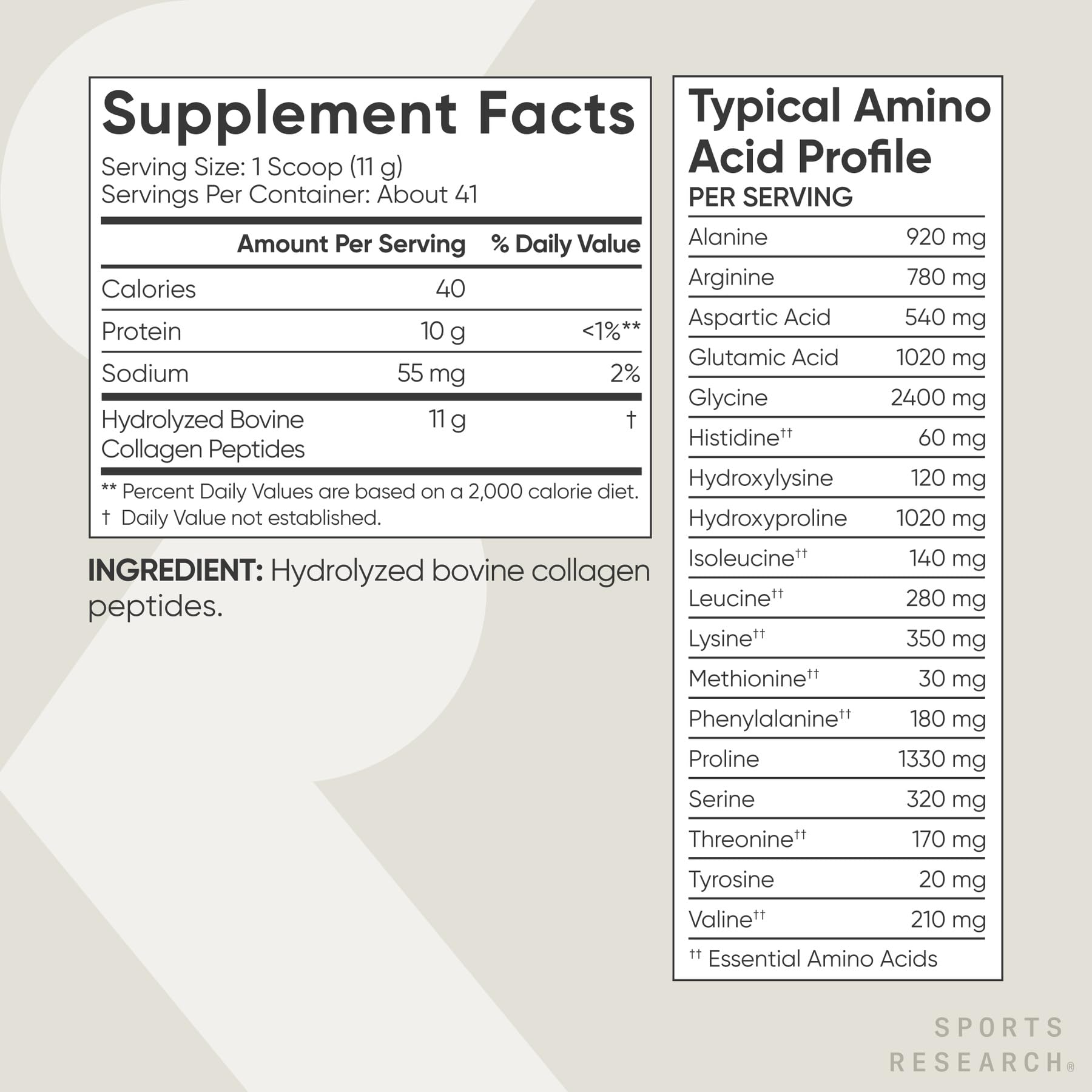 Etiqueta Sports Research con ingredientes y certificaciones visibles