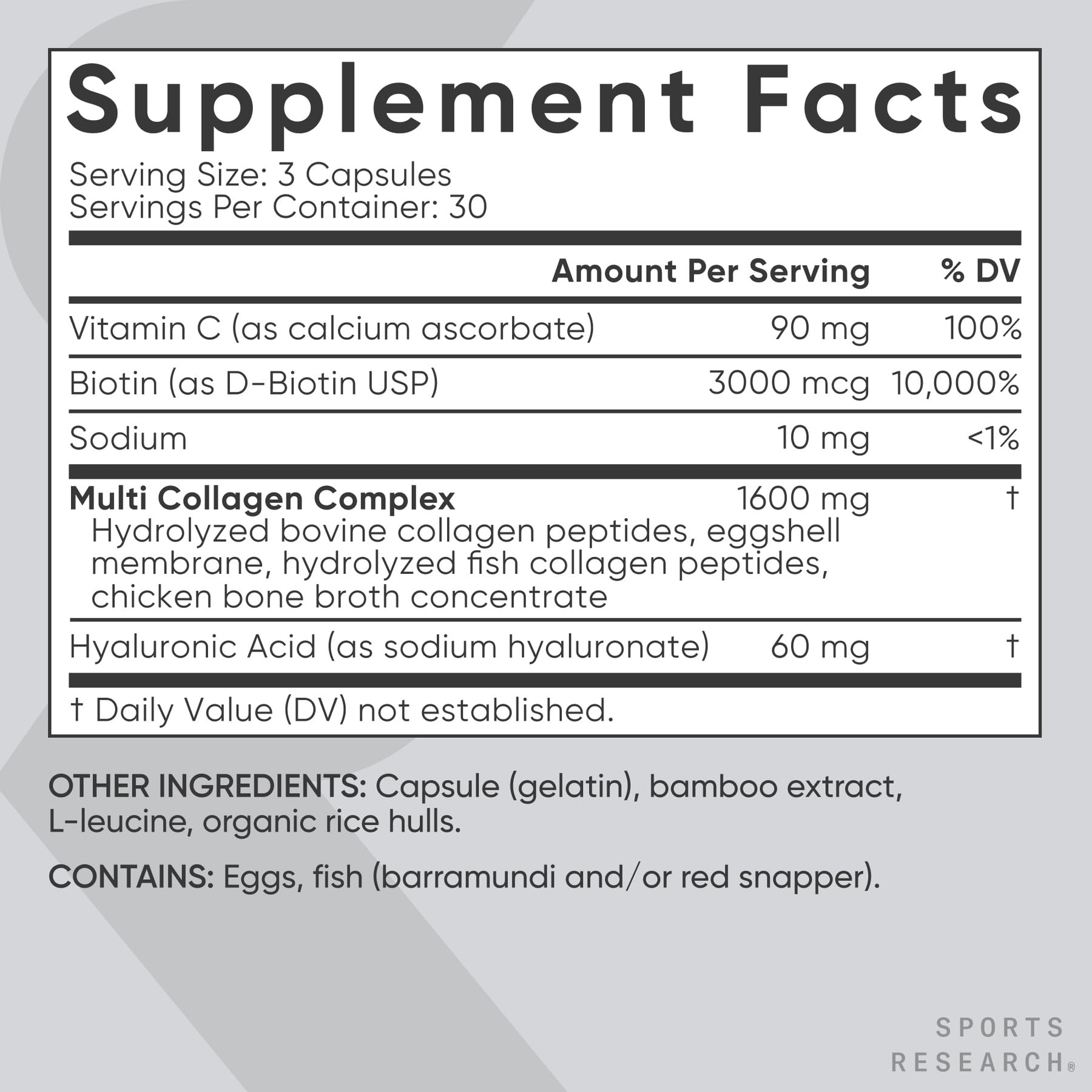 Sports Research etiqueta con ingredientes y dosis clara