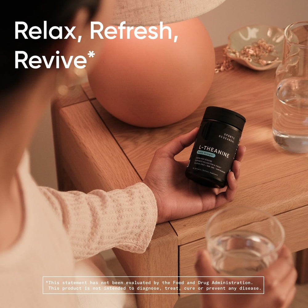 Sports Research etiqueta con Suntheanine® resaltando información de ingredientes