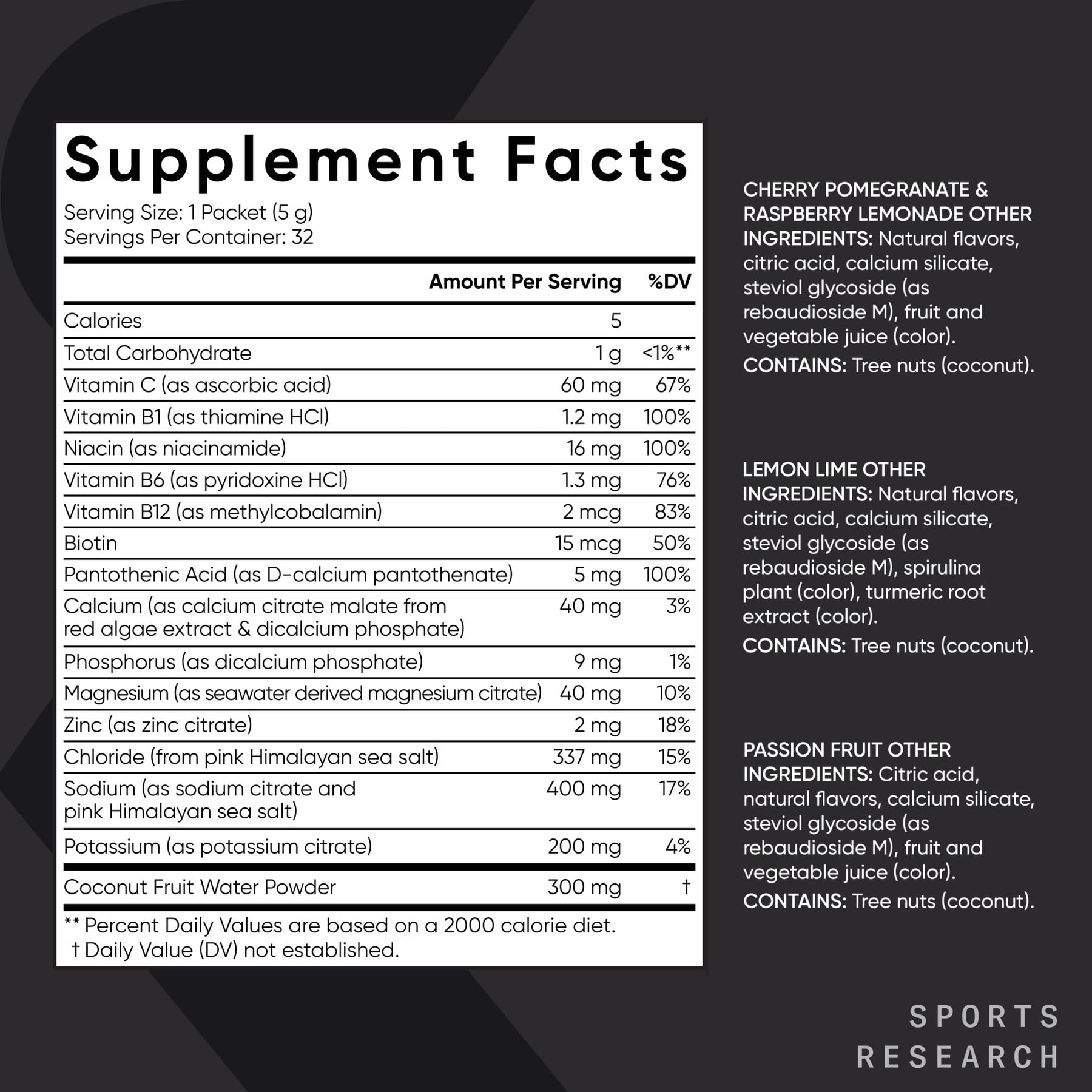 Sports Research etiqueta nutricional enfocada en electrolitos y vitaminas