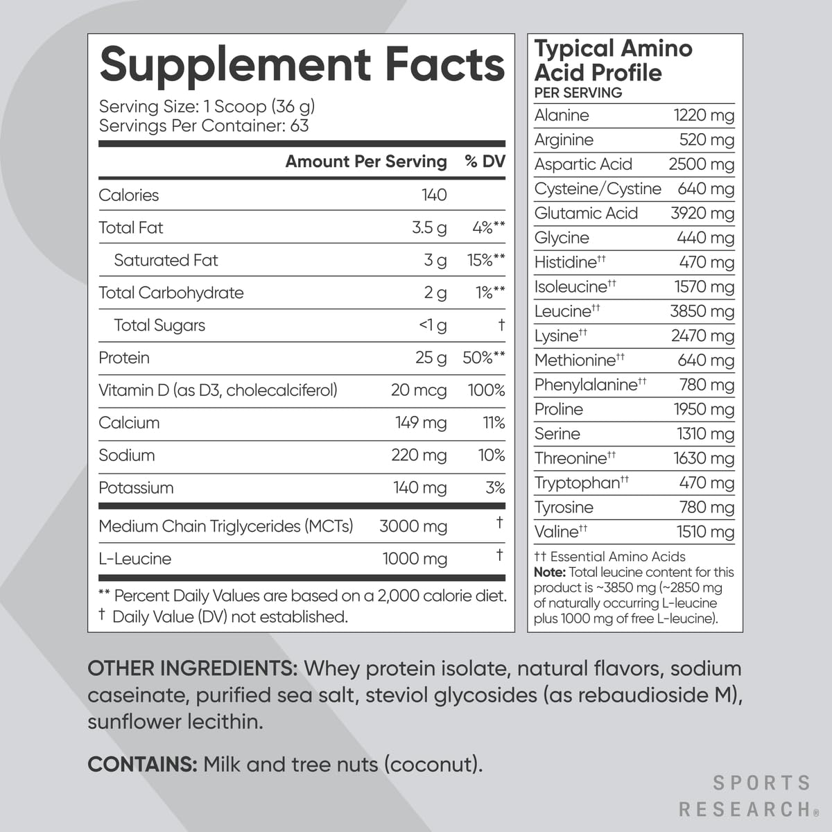Sports Research etiqueta nutricional visible con ingredientes y beneficios claros