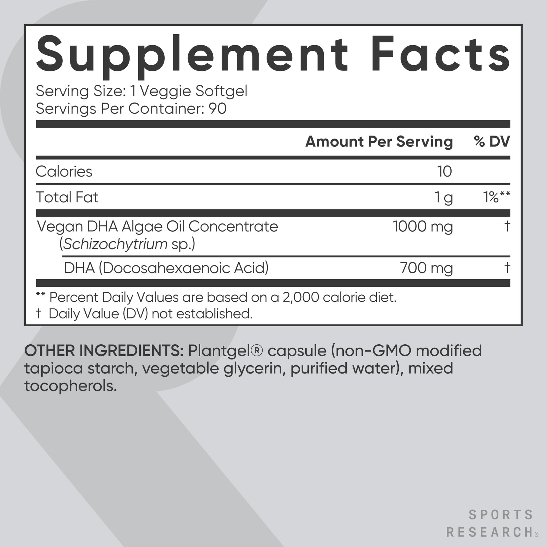 Sports Research etiqueta nutricional destacando 700 mg de DHA