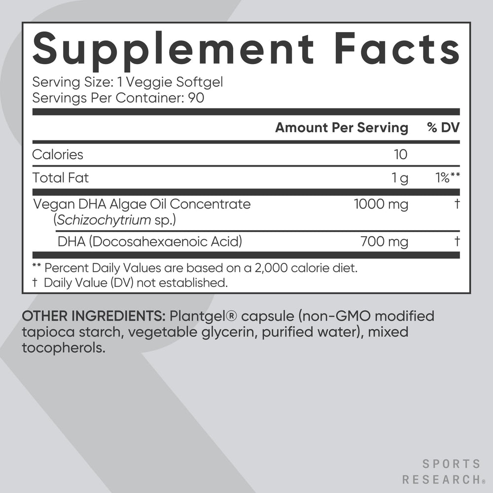 Sports Research etiqueta nutricional destacando 700 mg de DHA
