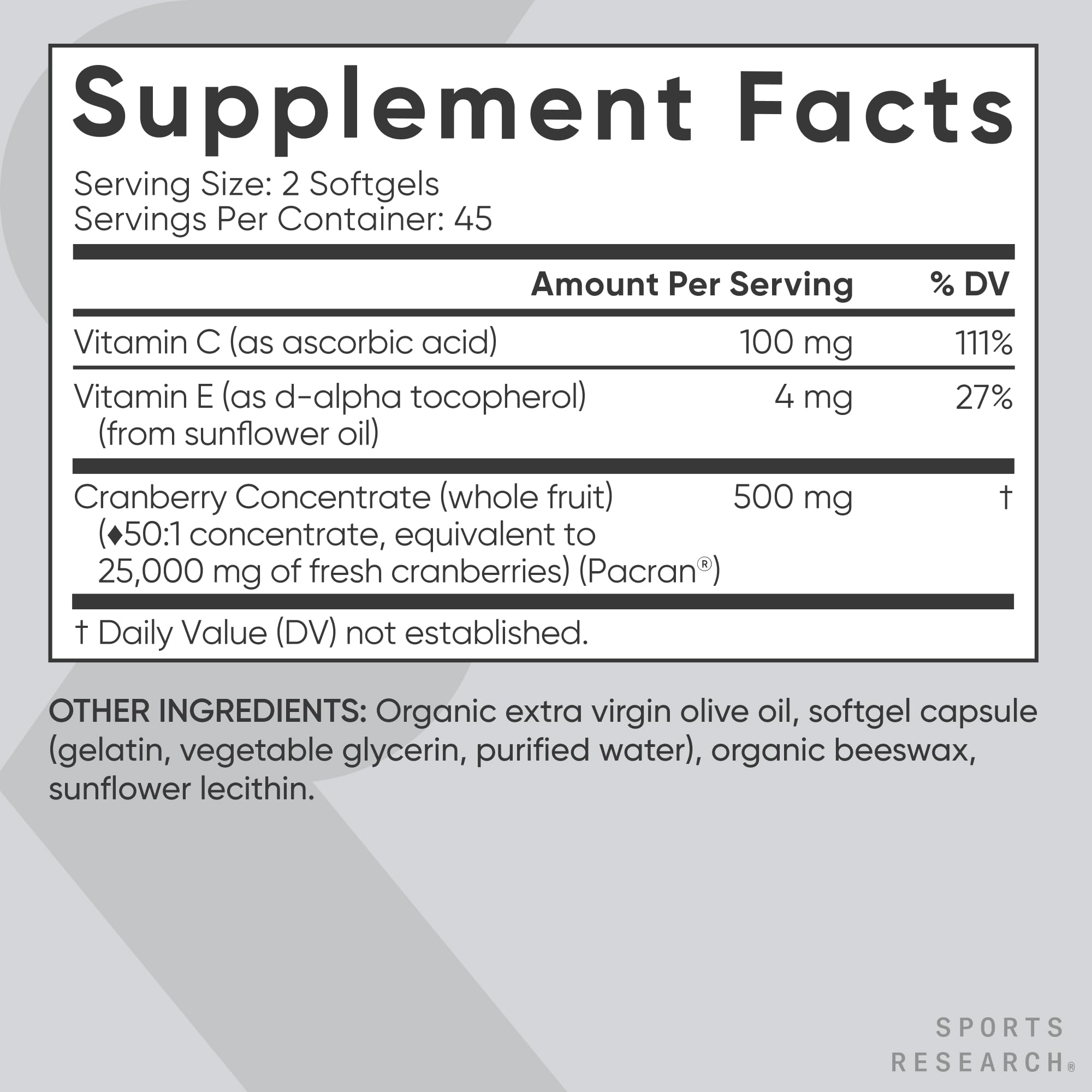 Sports Research etiqueta nutricional legible con información de ingredientes