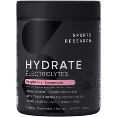 Sports Research frasco frontal mostrando etiqueta y sabor frambuesa-limonada, confianza y conveniencia