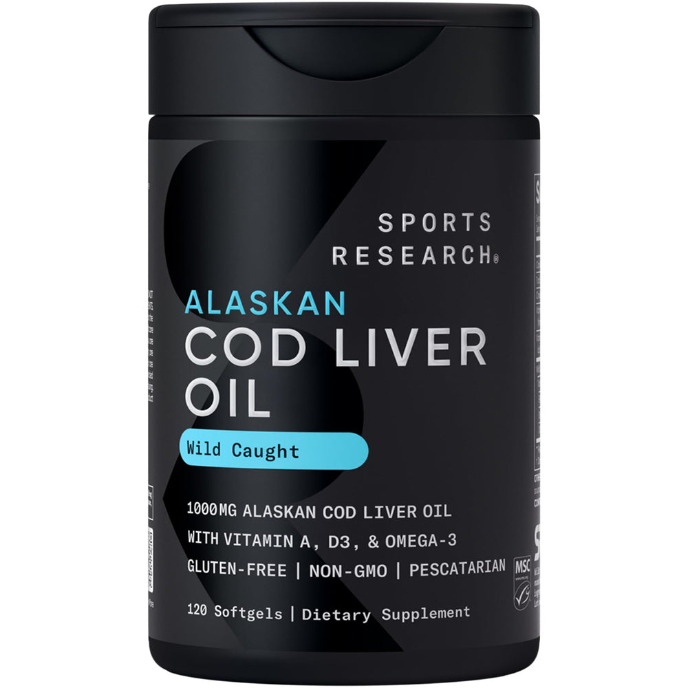 Sports Research frasco frontal mostrando 120 softgels y beneficio de omega-3