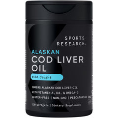 Sports Research frasco frontal mostrando 120 softgels y beneficio de omega-3