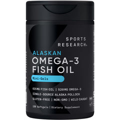 Sports Research frente del empaque mostrando 120 mini geles y beneficios