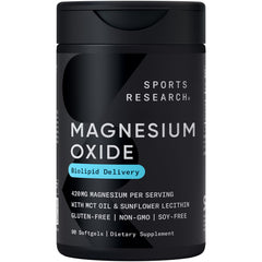 Sports Research frasco frontal mostrando 90 softgels y beneficios de calidad