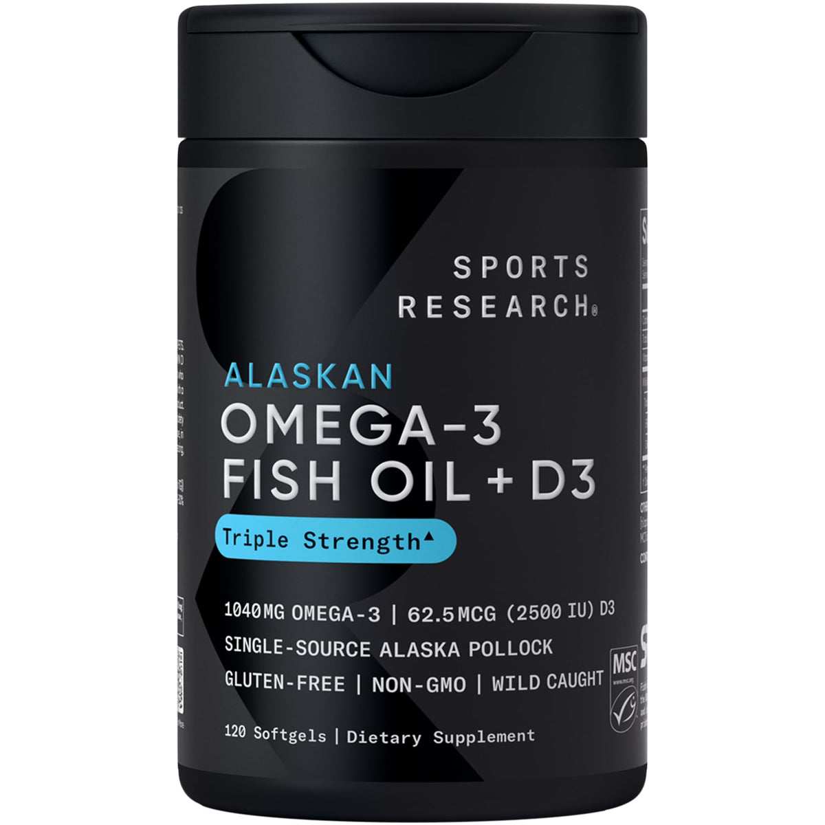 Sports Research envase frontal del suplemento omega-3 D3 con información visible y confianza