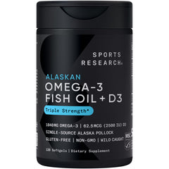 Sports Research envase frontal del suplemento omega-3 D3 con información visible y confianza