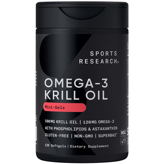 Sports Research frente del paquete de Krill Oil mostrando presentación y beneficio
