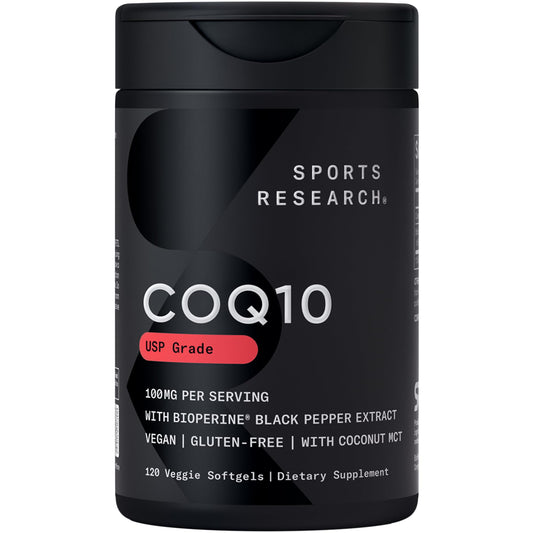 Sports Research envase frontal mostrando CoQ10 120 plantgels y beneficio de dosis clara