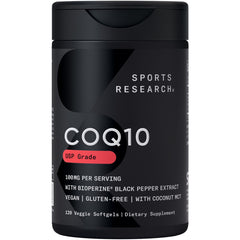 Sports Research envase frontal mostrando CoQ10 120 plantgels y beneficio de dosis clara