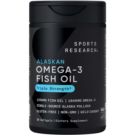 Sports Research envase frontal de Omega-3 1250 mg con diseño claro y beneficios