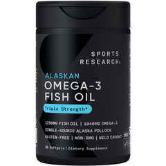 Sports Research envase frontal de Omega-3 1250 mg con diseño claro y beneficios