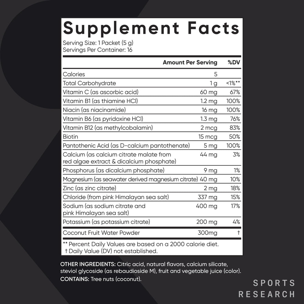 Sobre abierto de Sports Research mostrando polvo y fácil disolución