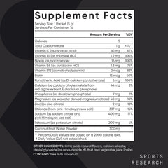 Sobre abierto de Sports Research mostrando polvo y fácil disolución