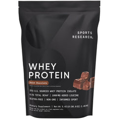 Sports Research empaque frontal de 5.42 lb mostrando marca y sabor chocolate para almacenamiento conveniente