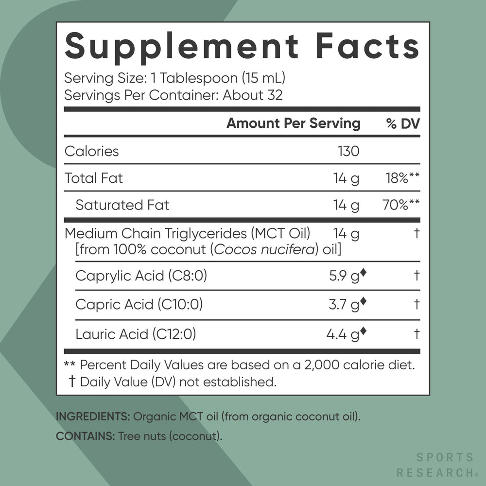 Sports Research cucharada de aceite MCT midiendo porción para dosificación