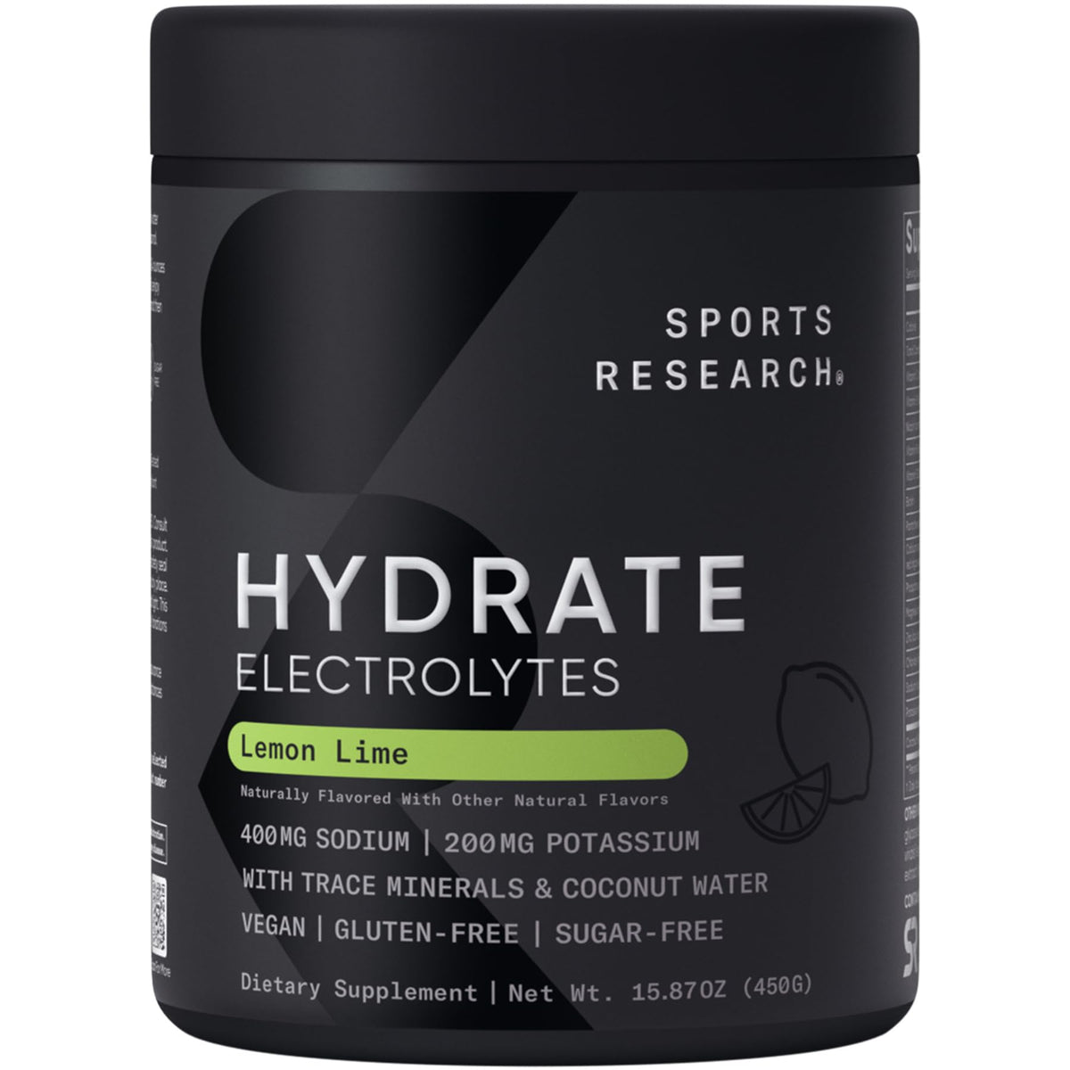 Sports Research tarro frontal Lemon Lime mostrando tamaño y etiquetado beneficioso