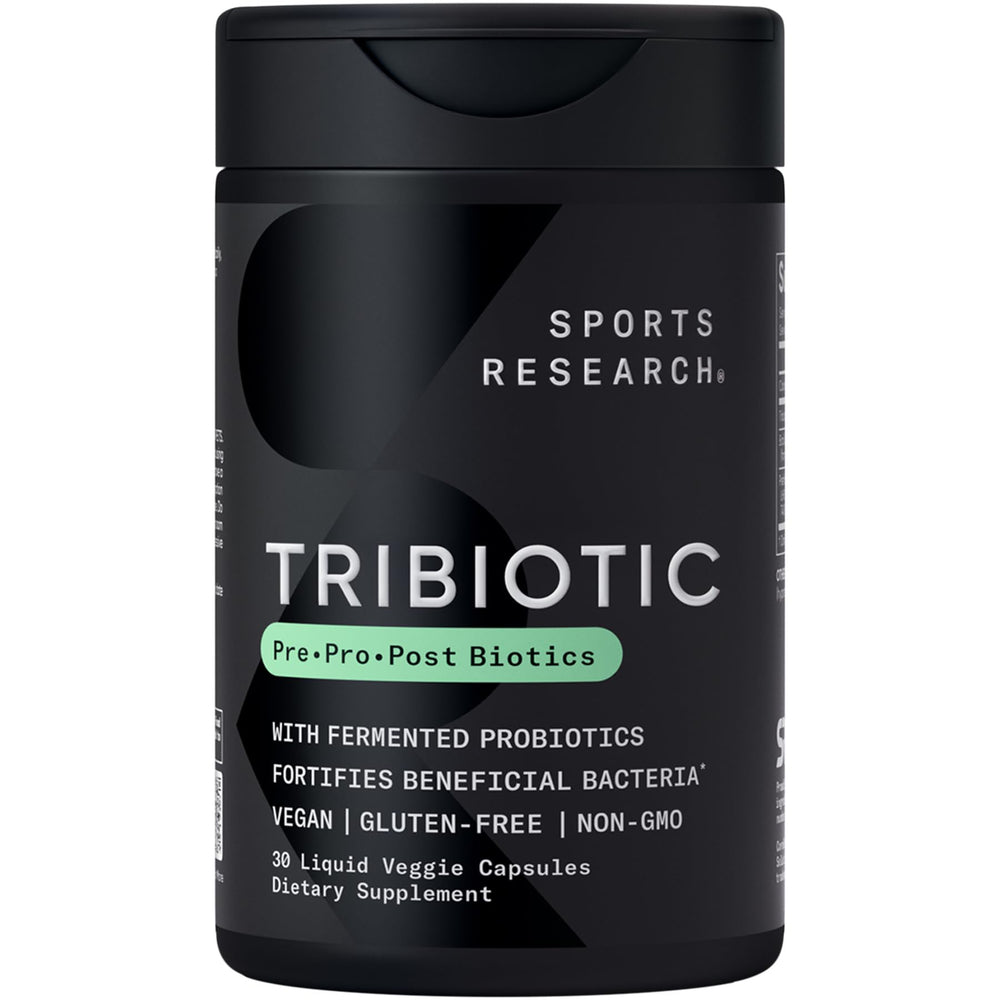 Sports Research frasco frontal mostrando etiquetado y beneficio para digestión